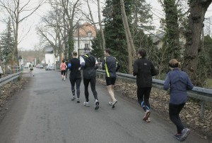 Im lockeren Trab geht es durch Kladow. Noch bleibt die Gruppe zusammen. Später wird das Feld der Läuferinnen und Läufer länger. (Foto: Jörg Levermann)